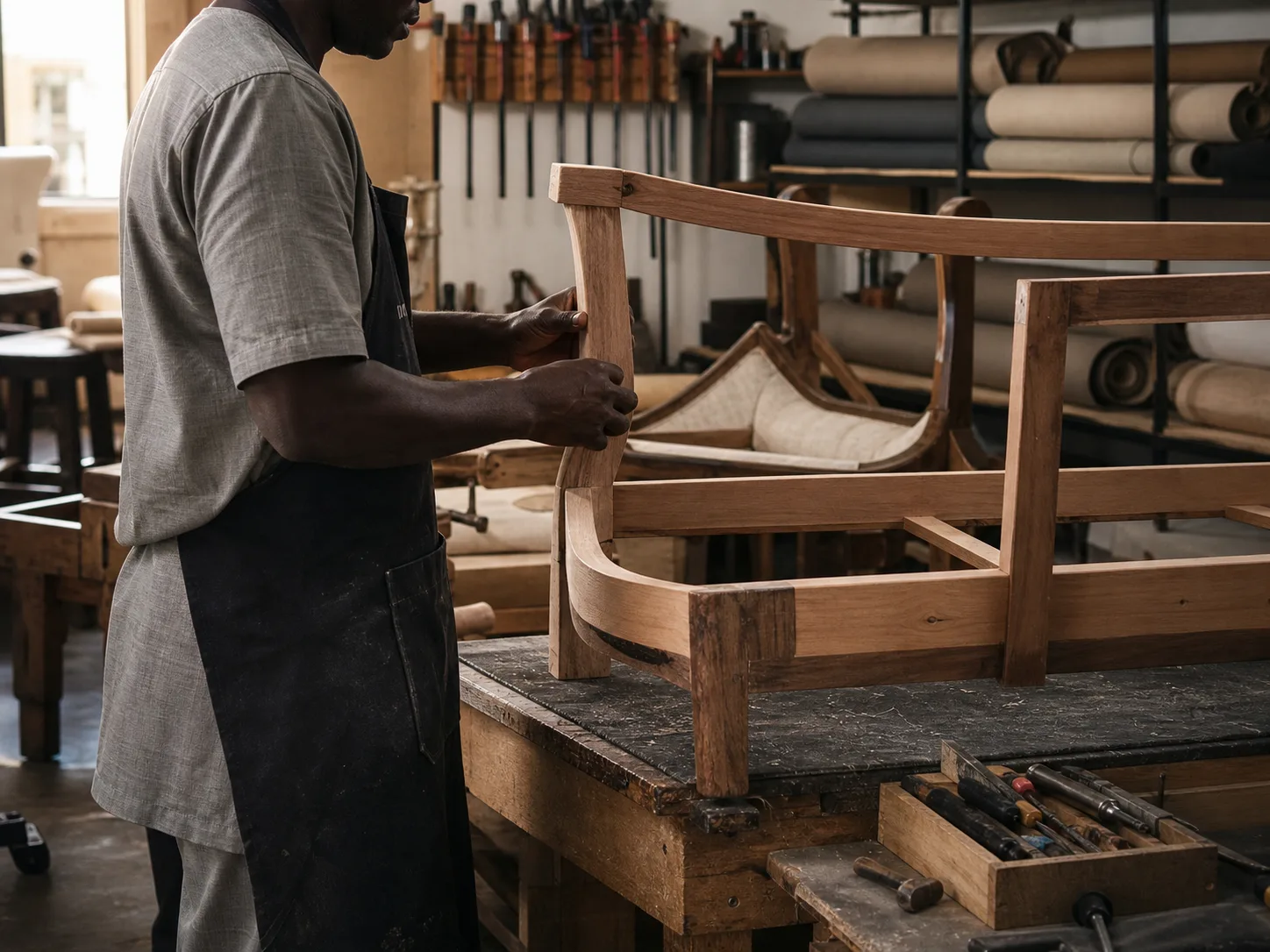 Craftsperson working on a custom furniture frame